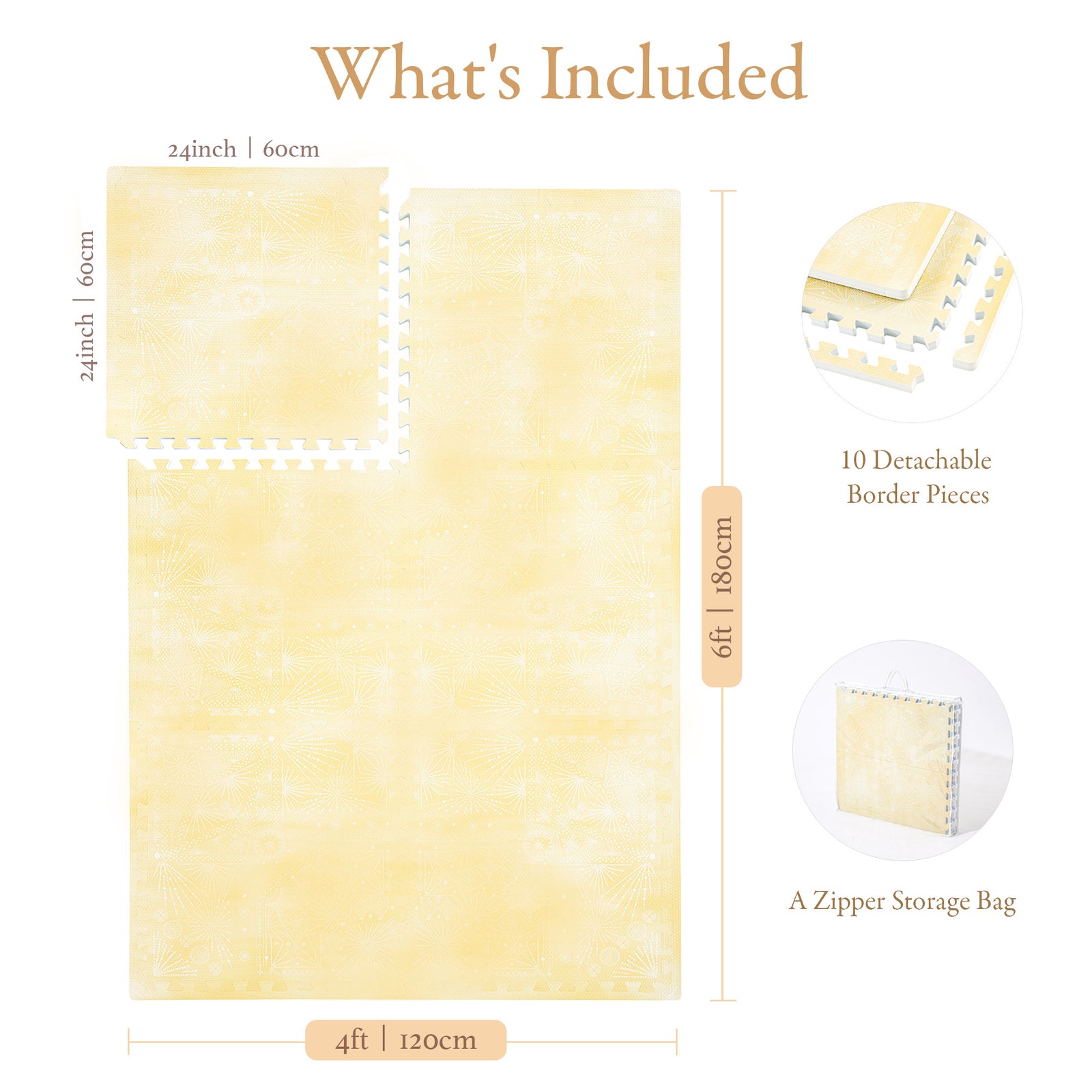 Toddler crawling on PopsyKosy Firework Champagne Yellow anti-viral anti-slip foam play mat
