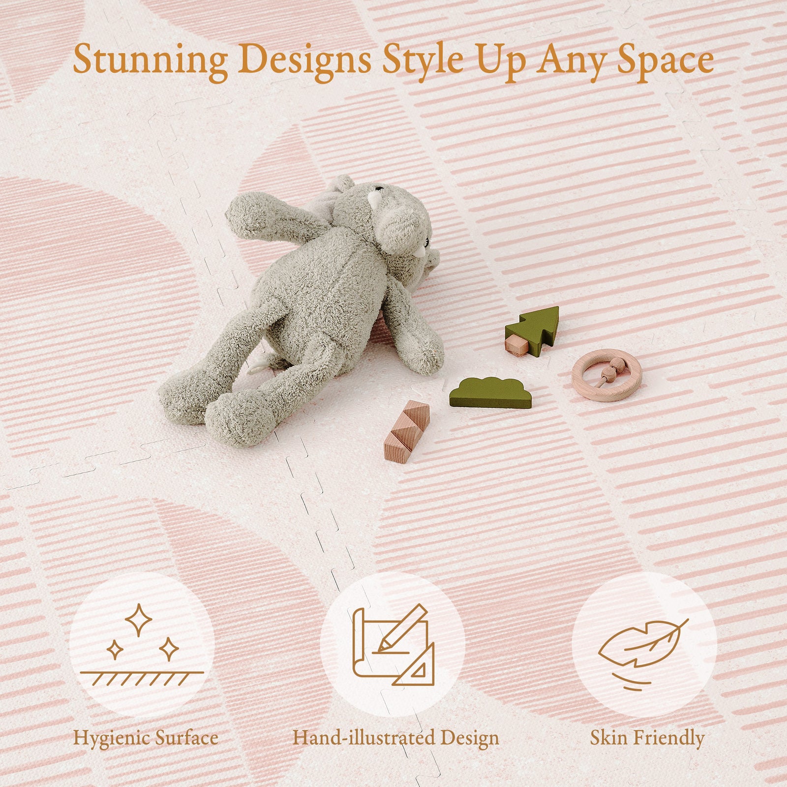 Toddler crawling on PopsyKosy Boho Cream Pink anti-viral anti-slip foam play mat