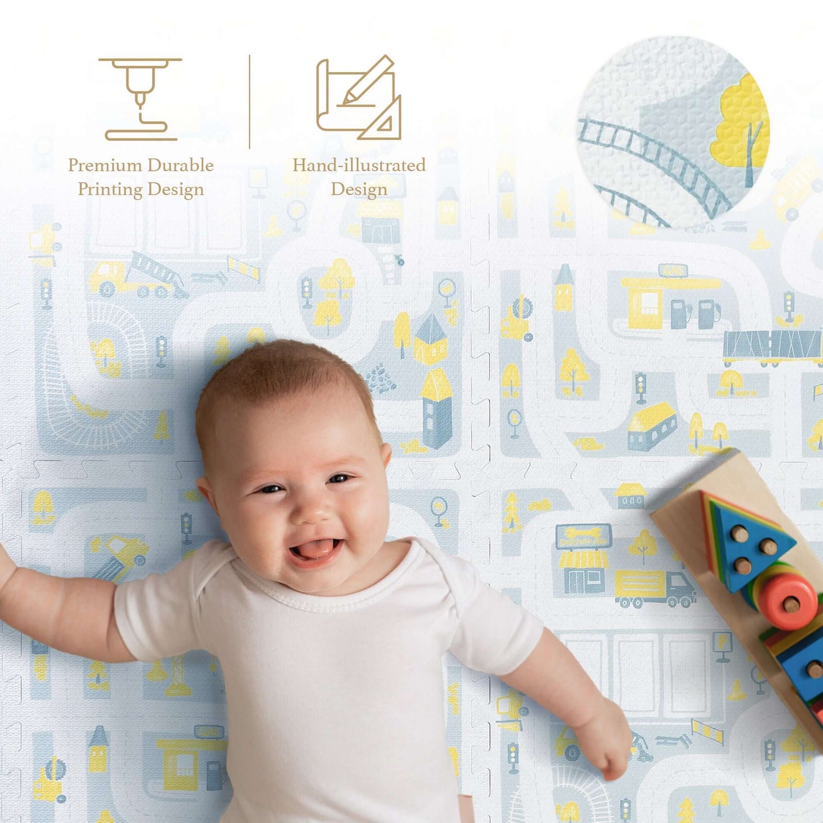 Baby playing on PopsyKosy Little Builders Pastel Blue Gray EVA foam mat in modern living room