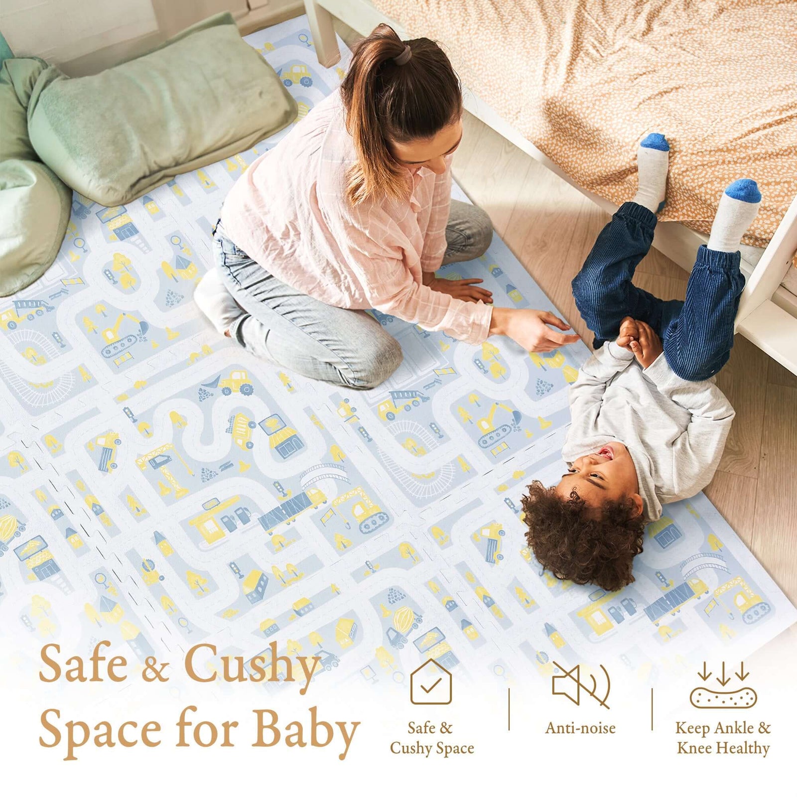 Toddler crawling on PopsyKosy Little Builders Pastel Blue Gray anti-viral anti-slip foam play mat