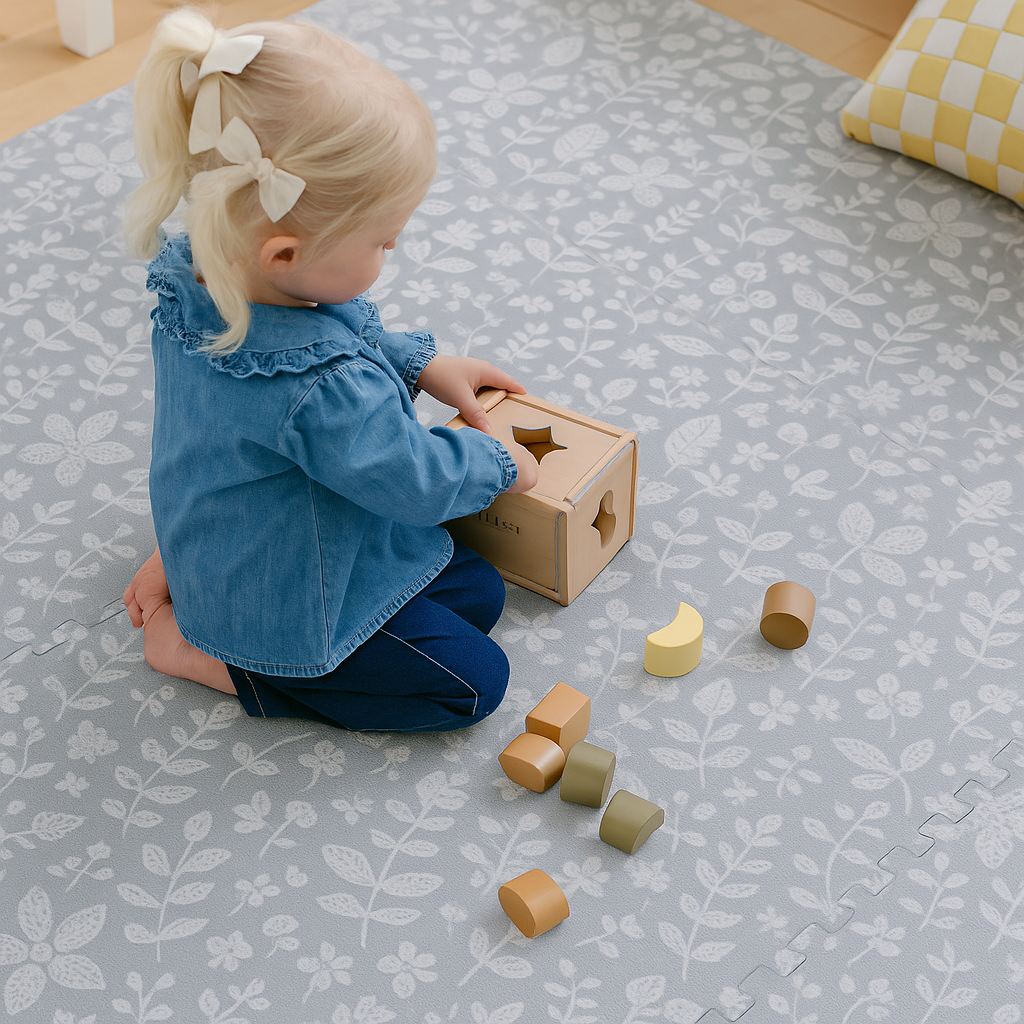 Baby playing on PopsyKosy Tranquil Flower Gray EVA foam mat in modern living room