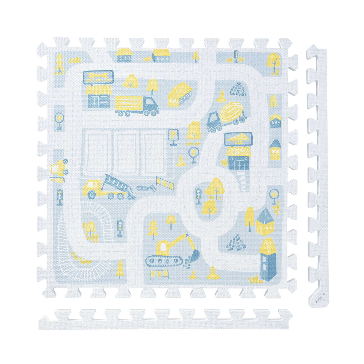 Stylish pastel blue and gray baby play mat featuring a fun town design for toddlers, made from non-toxic EVA foam.