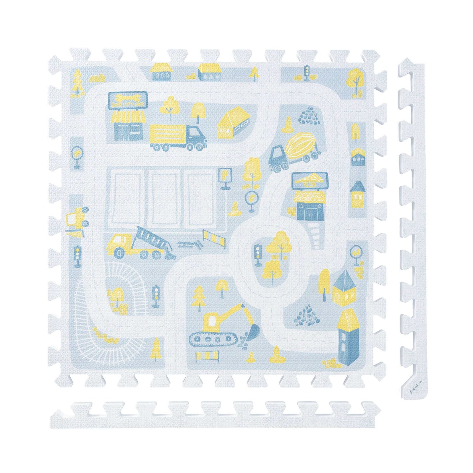 PopsyKosy Little Builders Pastel Blue Gray non-toxic EVA play mat building-block pattern interlocking tiles top view