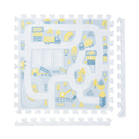 Stylish pastel blue and gray baby play mat featuring a fun town design for toddlers, made from non-toxic EVA foam.