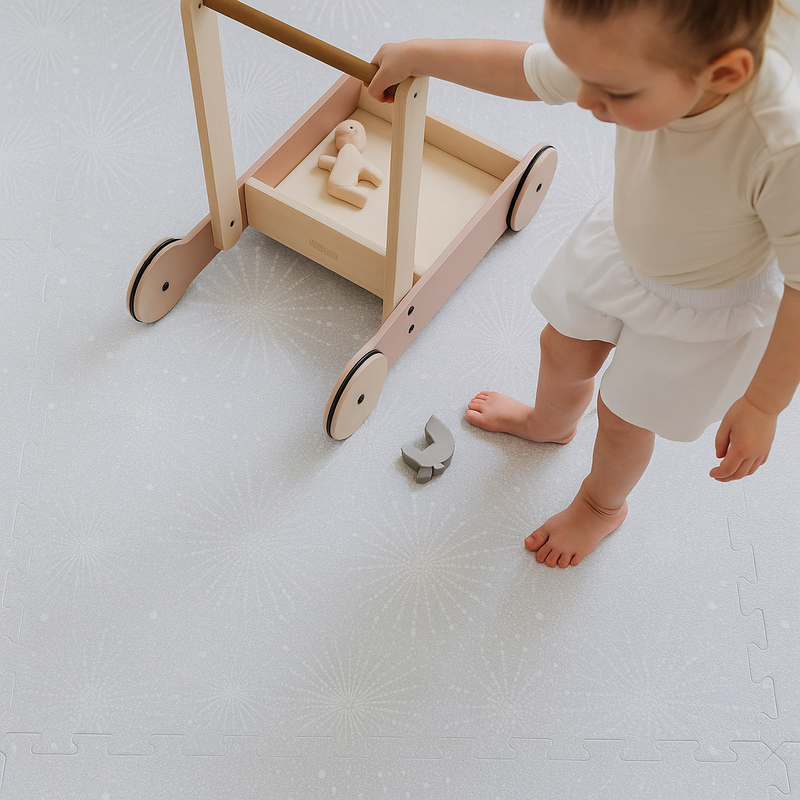 Baby playing on PopsyKosy Firework Lavender Grey EVA foam mat in modern living room