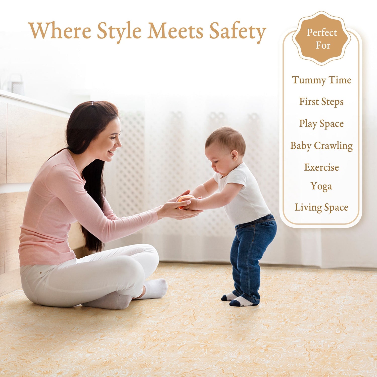 Baby playing on a PopsyKosy EVA foam play mat in a modern living room