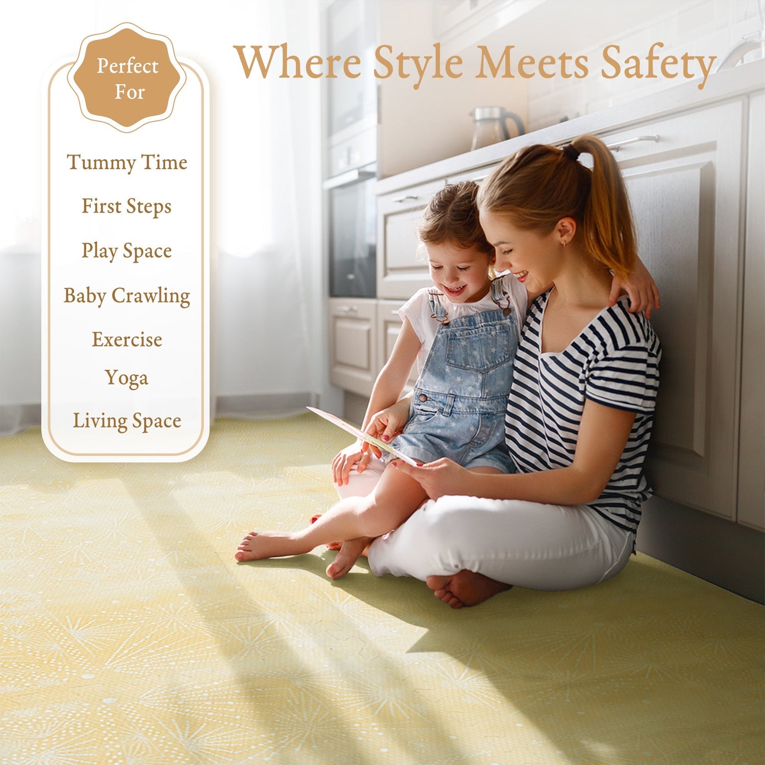 Baby playing on a PopsyKosy EVA foam play mat in a bright modern living room