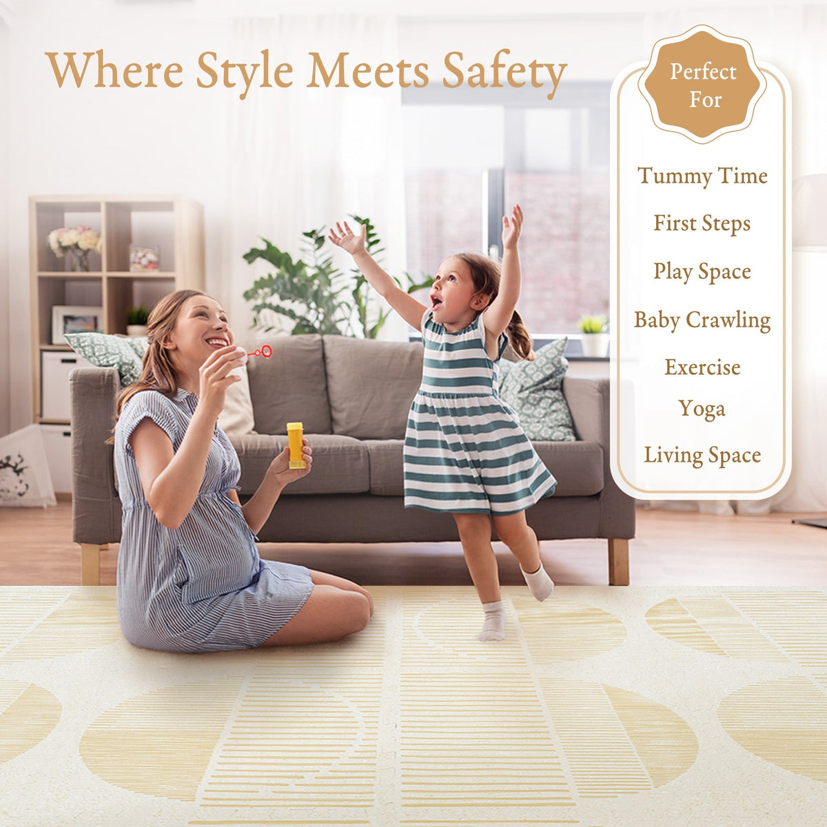 Baby playing on a PopsyKosy EVA foam play mat in a bright modern living room