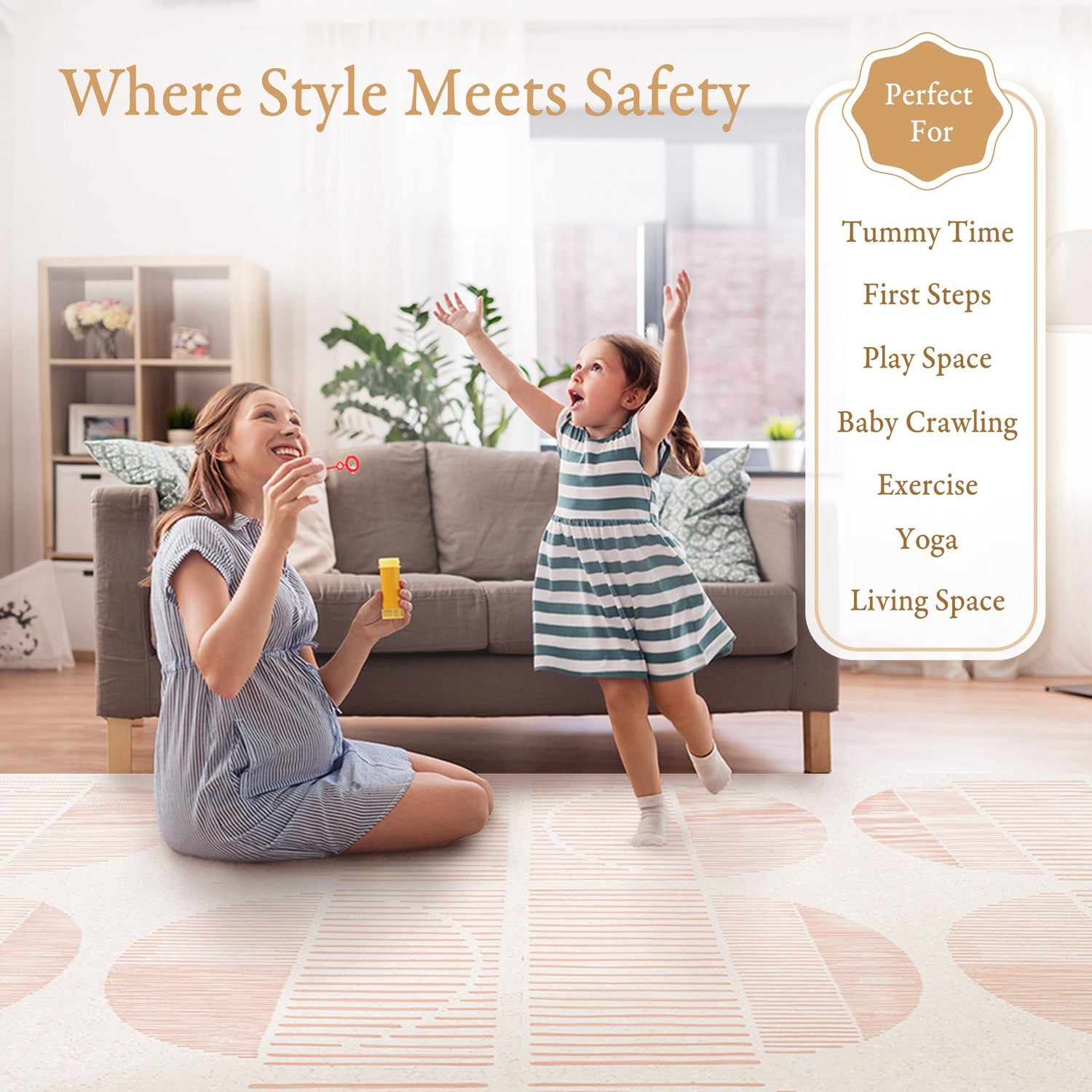 Baby playing on a PopsyKosy EVA foam play mat in a bright modern living room