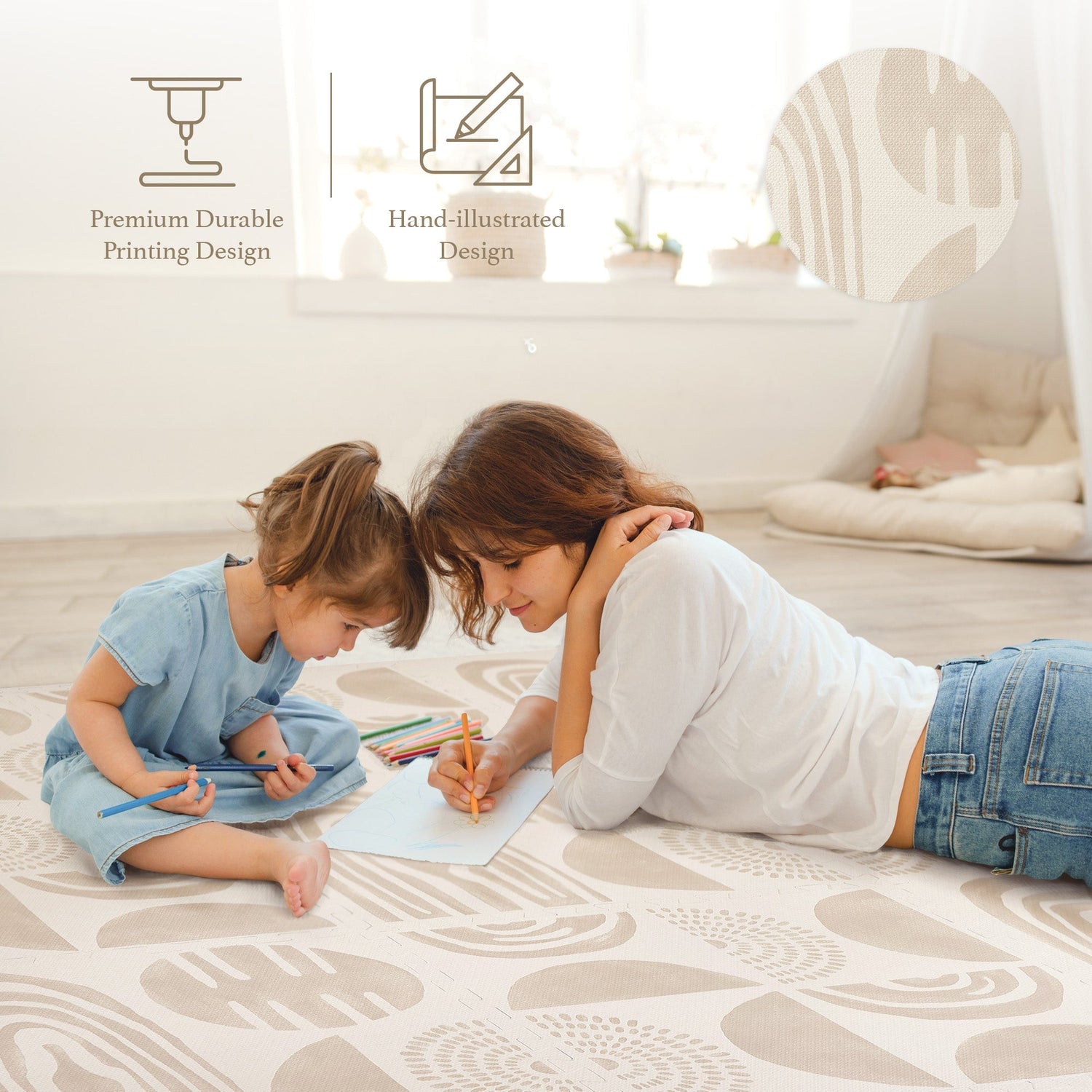 Baby on a durable PopsyKosy Boulder stone-look EVA foam play mat in natural light