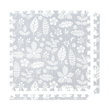 PopsyKosy Tranquil Flower Gray non-toxic EVA play mat - gray floral pattern interlocking tiles top view