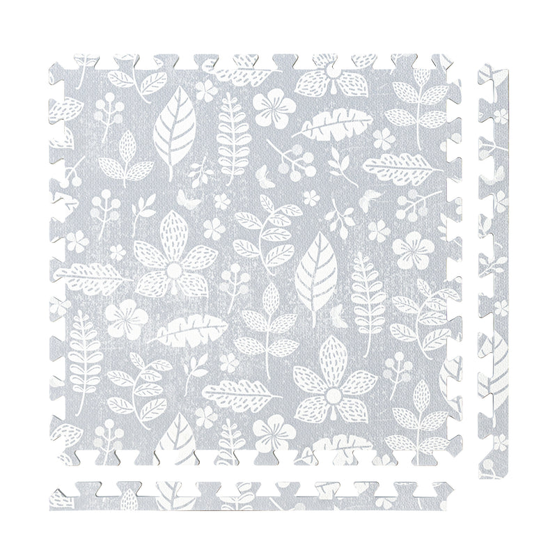 PopsyKosy Tranquil Flower Gray non-toxic EVA play mat - gray floral pattern interlocking tiles top view
