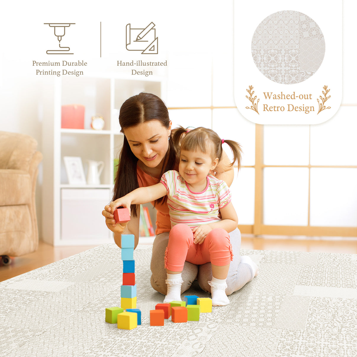 Close-up of totem pattern texture on PopsyKosy Beige anti-slip play mat surface