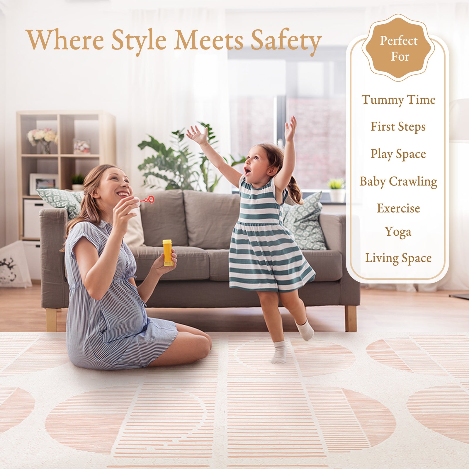Baby playing on PopsyKosy Boho Cream Pink EVA foam mat in modern living room