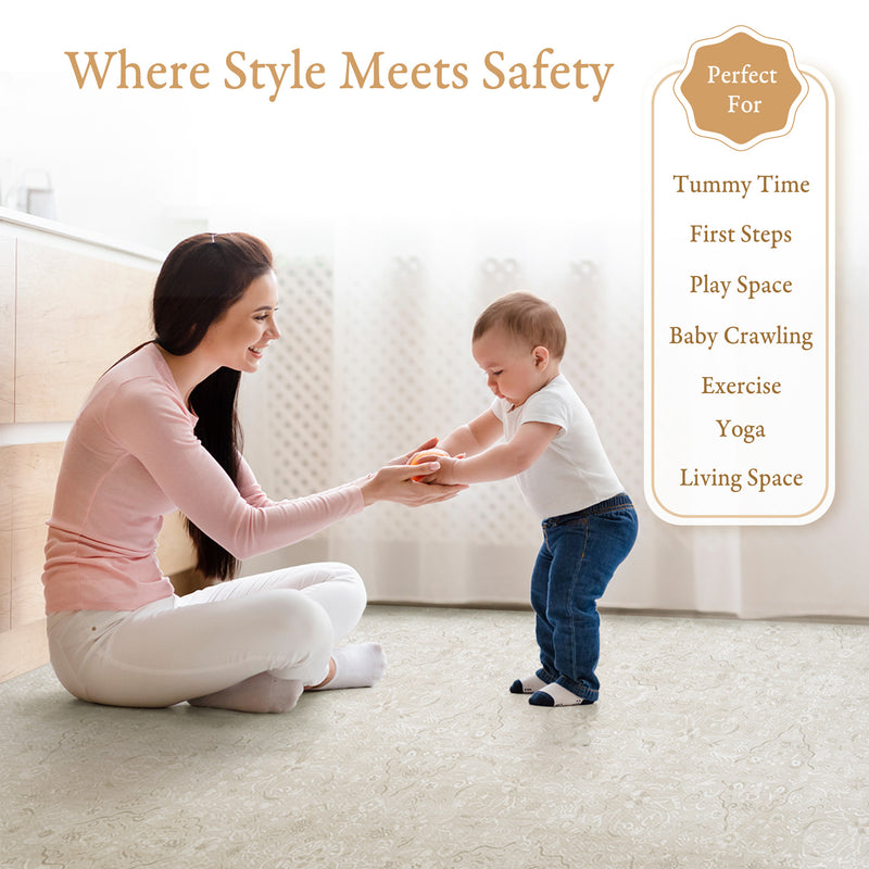 Baby playing on PopsyKosy Persian Garden Pearl Beige EVA foam mat in modern living room