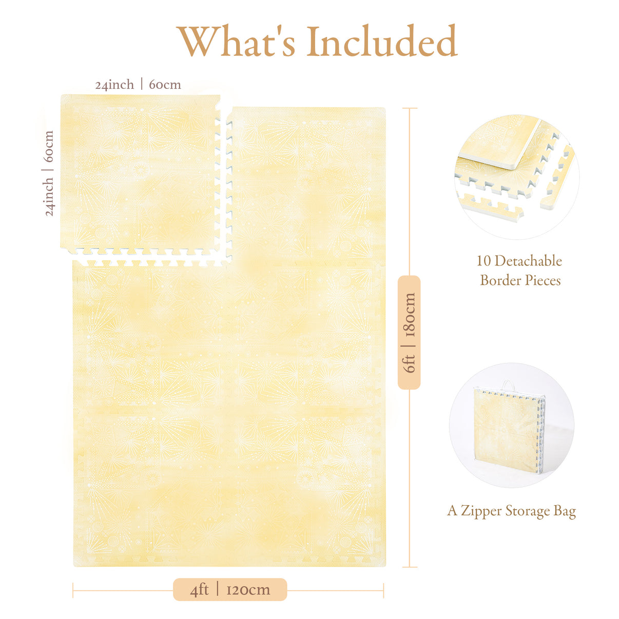 Toddler crawling on PopsyKosy Firework Champagne Yellow anti-viral anti-slip foam play mat