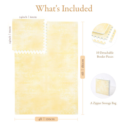 Toddler crawling on PopsyKosy Firework Champagne Yellow anti-viral anti-slip foam play mat
