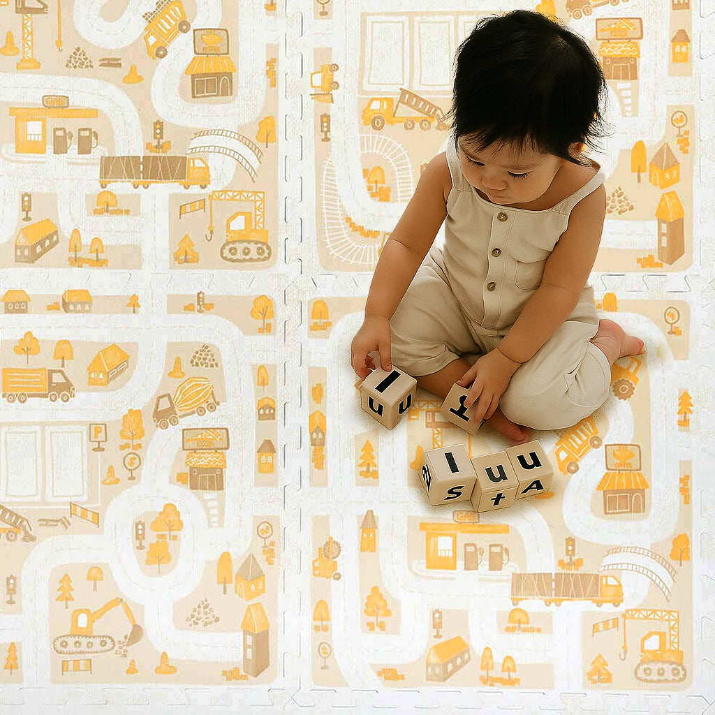 PopsyKosy Little Builders Warm Beige EVA play mat dual-side reversible pattern display
