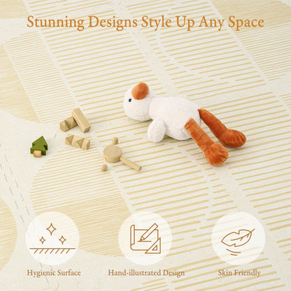 Toddler crawling on PopsyKosy Boho Ecru Linen anti-viral anti-slip foam play mat