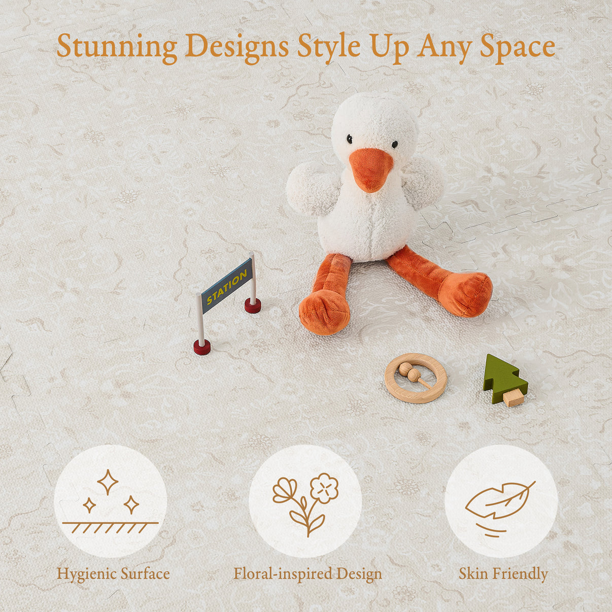 Toddler crawling on PopsyKosy Persian Garden Pearl Beige anti-viral anti-slip foam play mat