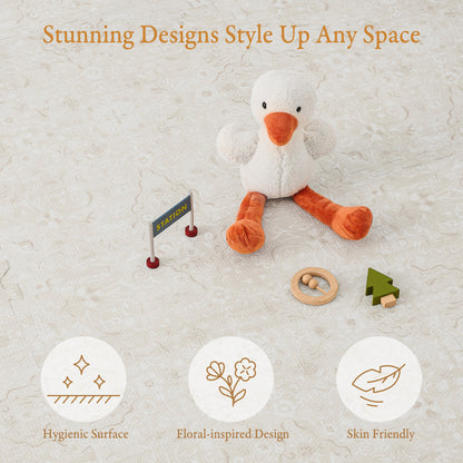 Toddler crawling on PopsyKosy Persian Garden Pearl Beige anti-viral anti-slip foam play mat