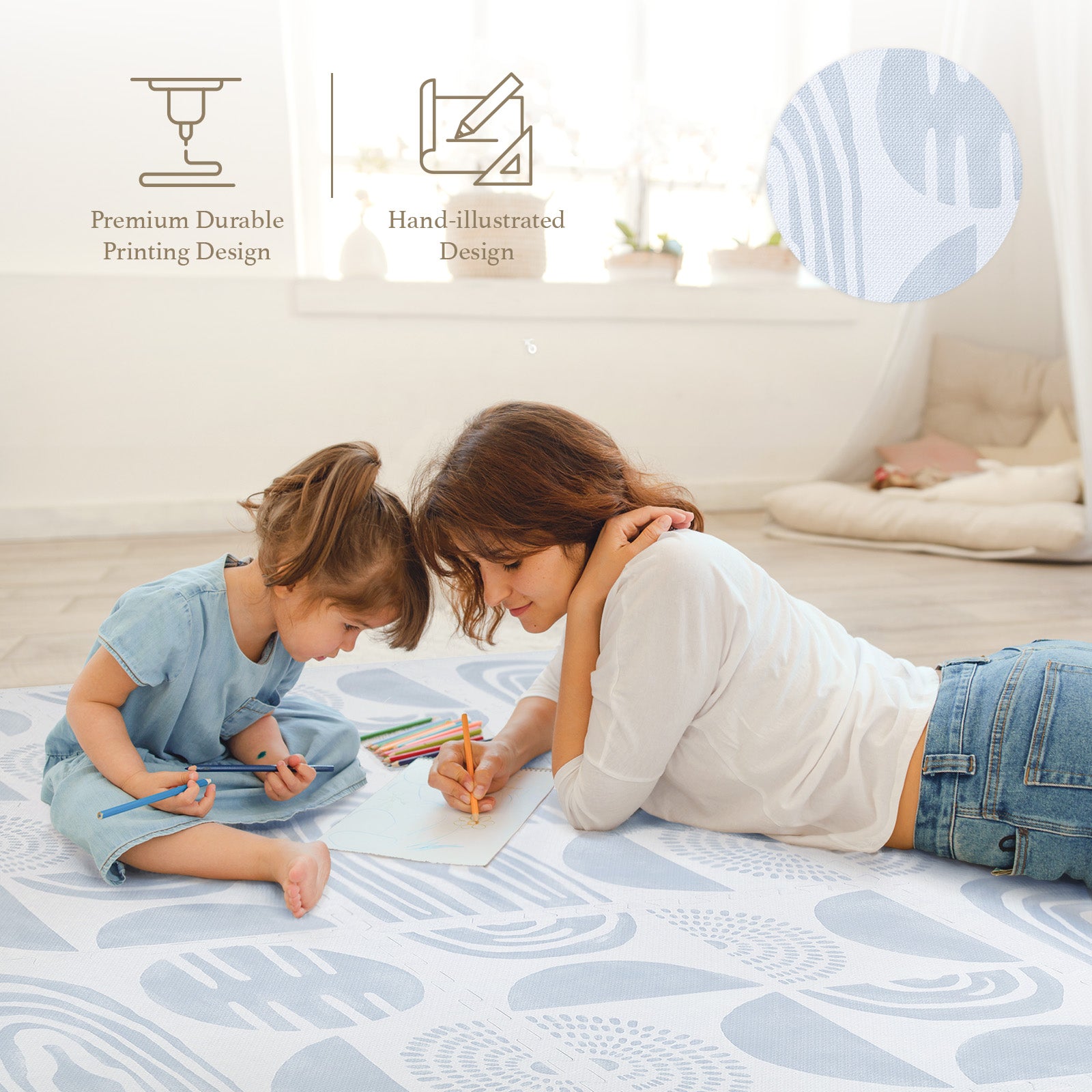 Baby playing on PopsyKosy Boulder Glacier Grey EVA foam mat in modern living room with natural light