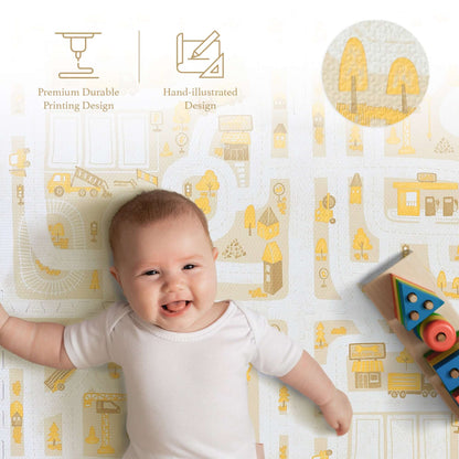 Baby playing on PopsyKosy Little Builders Warm Beige EVA foam mat in modern living room