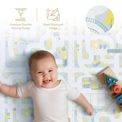 Baby playing on PopsyKosy Little Builders Pastel Blue Gray EVA foam mat in modern living room
