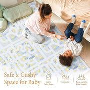 Toddler crawling on PopsyKosy Little Builders Pastel Blue Gray anti-viral anti-slip foam play mat