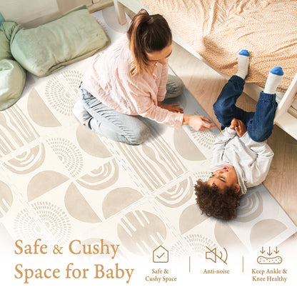 Parent and child on PopsyKosy Boulder Desert Sand play mat in nursery with warm beige decor