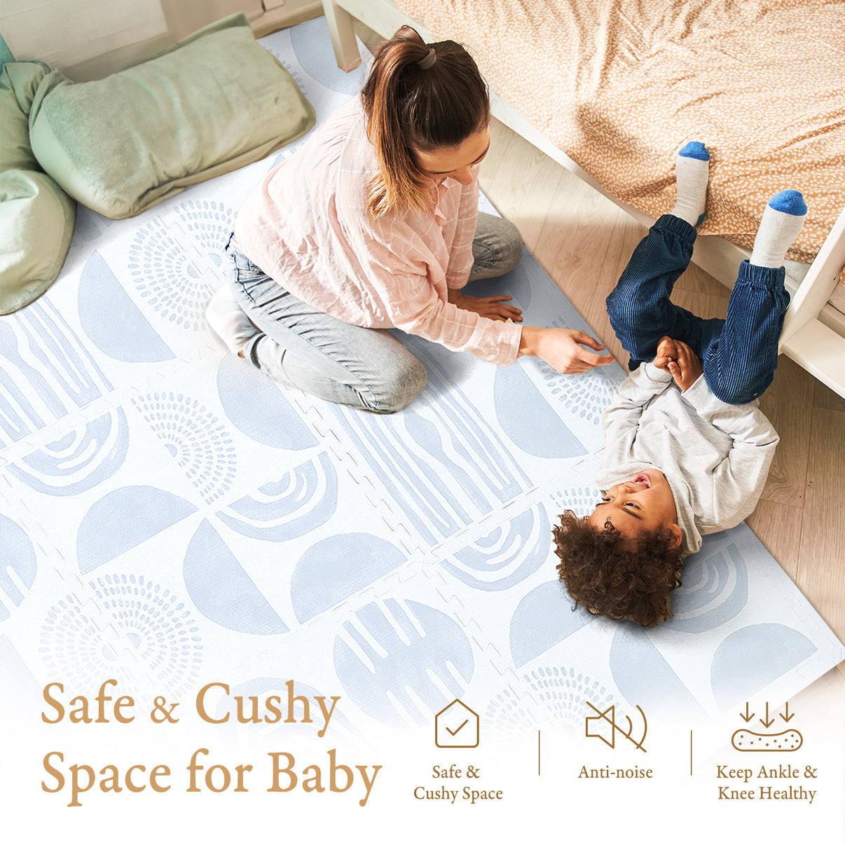 Toddler crawling on PopsyKosy Boulder Glacier Grey anti-viral anti-slip foam play mat safe surface