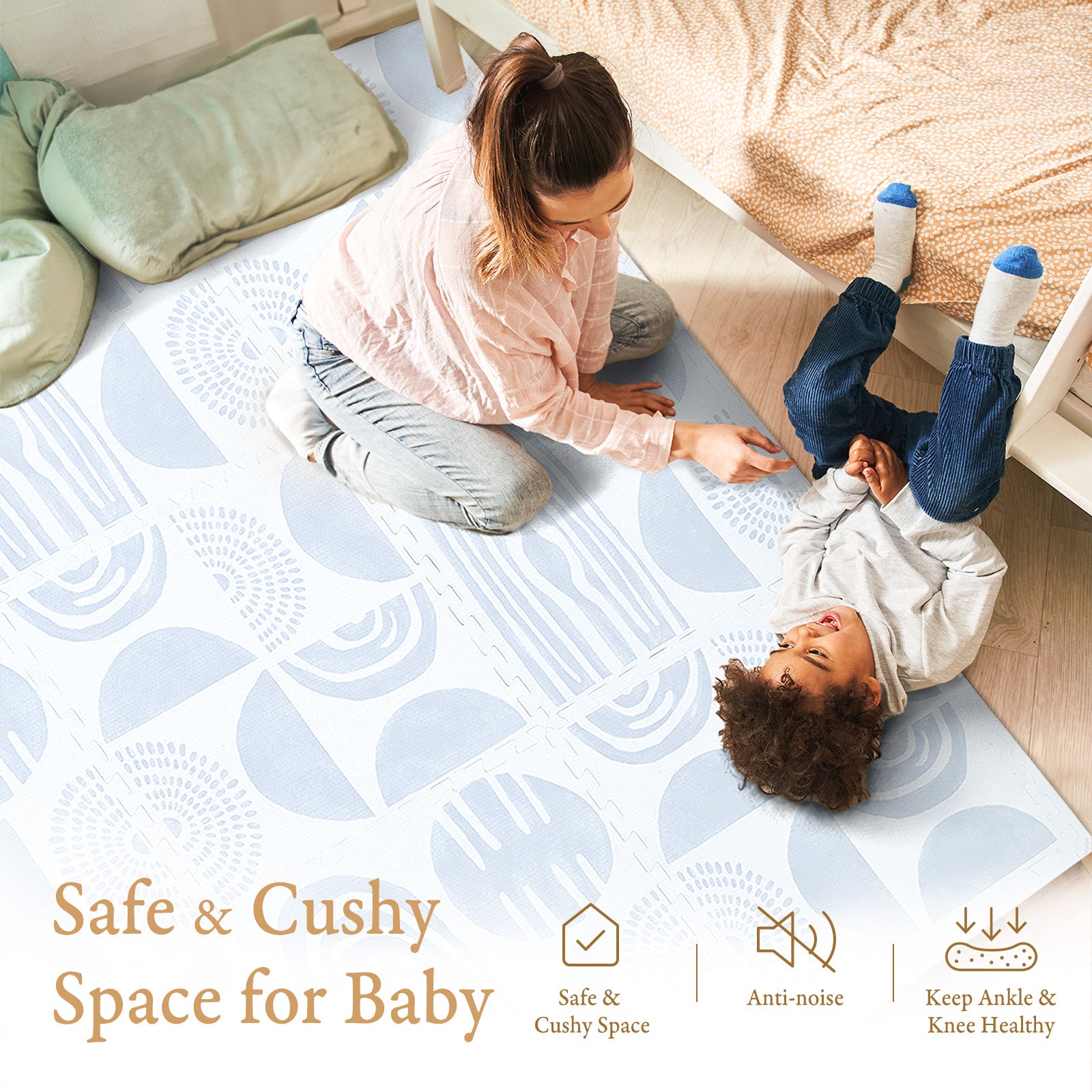 Toddler crawling on PopsyKosy Boulder Glacier Grey anti-viral anti-slip foam play mat safe surface