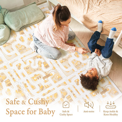 Toddler crawling on PopsyKosy Little Builders Warm Beige anti-viral anti-slip foam play mat