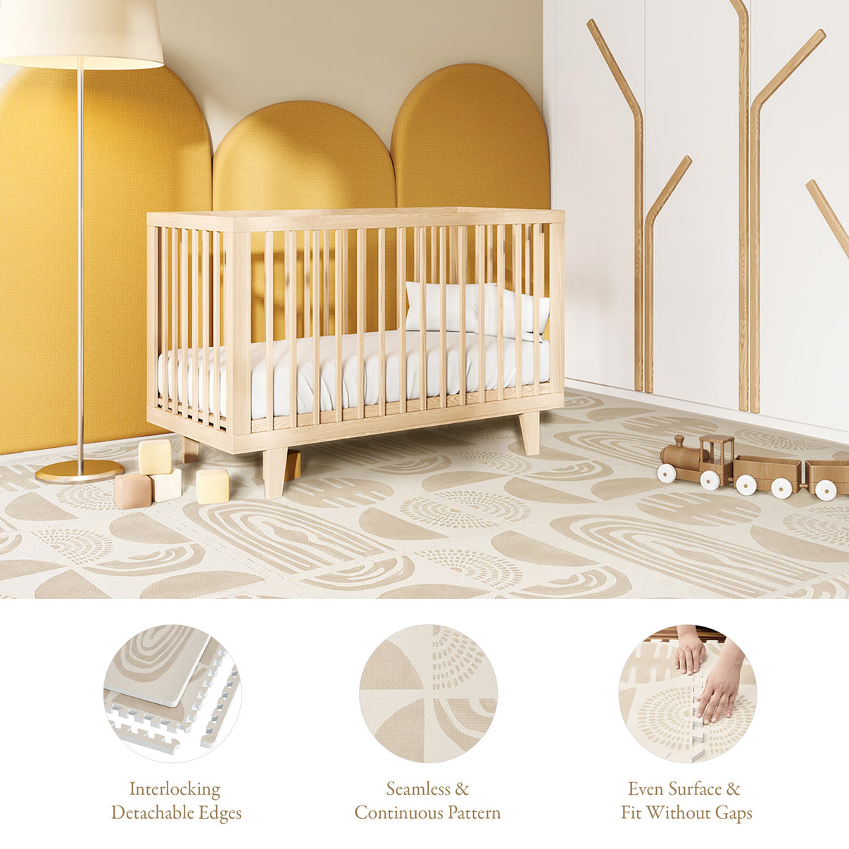 Toddler crawling on PopsyKosy Boulder Desert Sand anti-viral anti-slip foam play mat