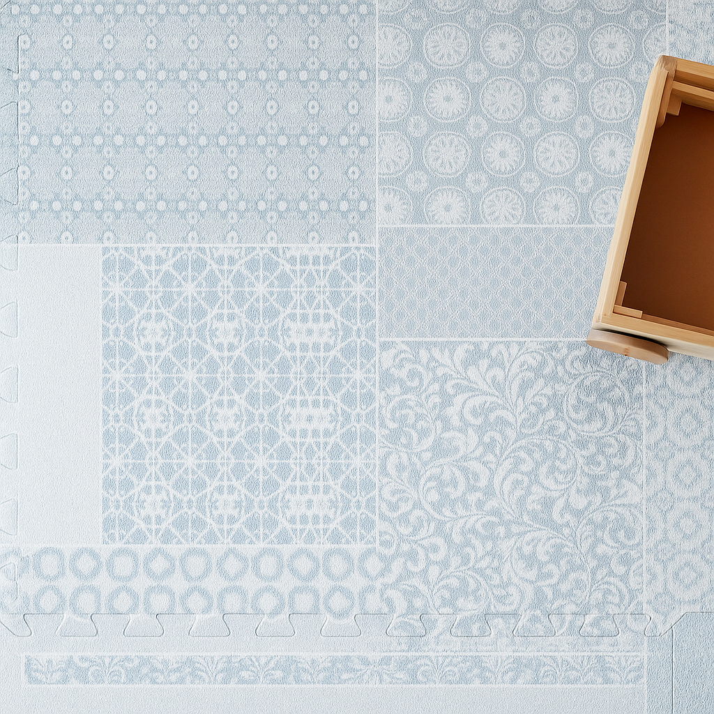 Baby playing on PopsyKosy Totem Gray EVA foam mat in modern living room