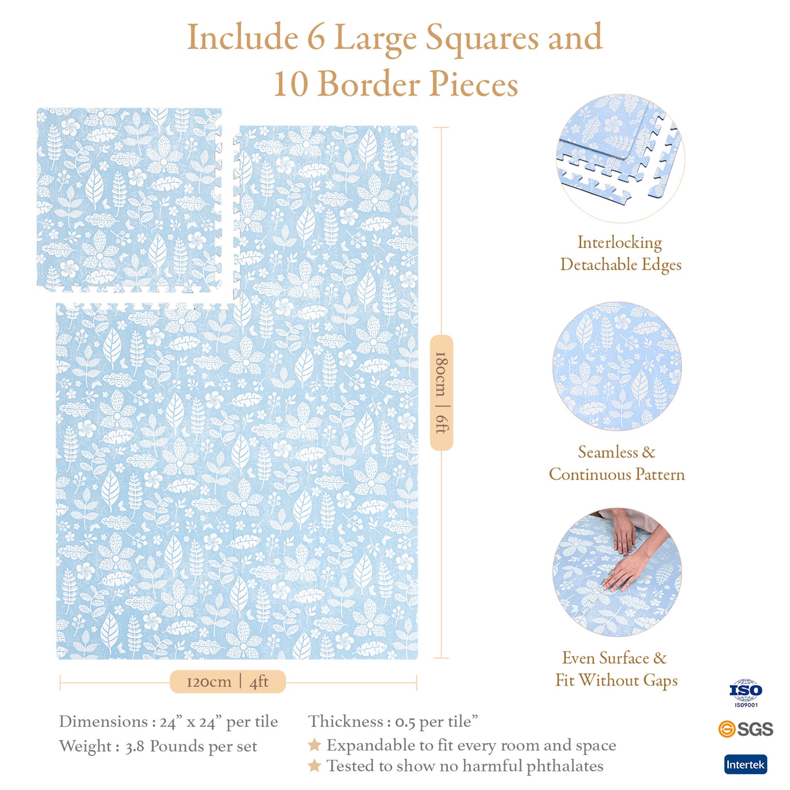 Toddler crawling on PopsyKosy Tranquil Flower Ocean Blue anti-viral anti-slip foam play mat