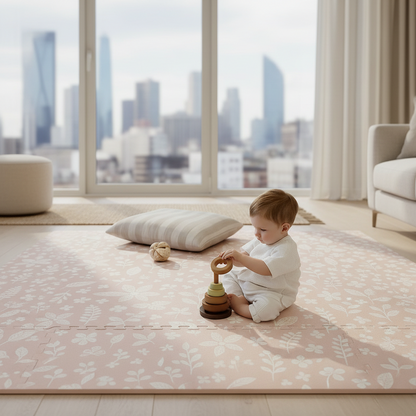Baby playing on PopsyKosy Tranquil Flower Baby Coral EVA foam mat in modern living room