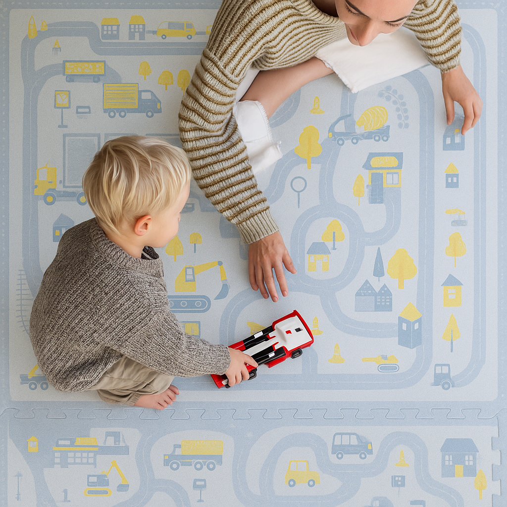 PopsyKosy Little Builders Pastel Blue Gray play mat dual-side reversible pattern display showing both faces