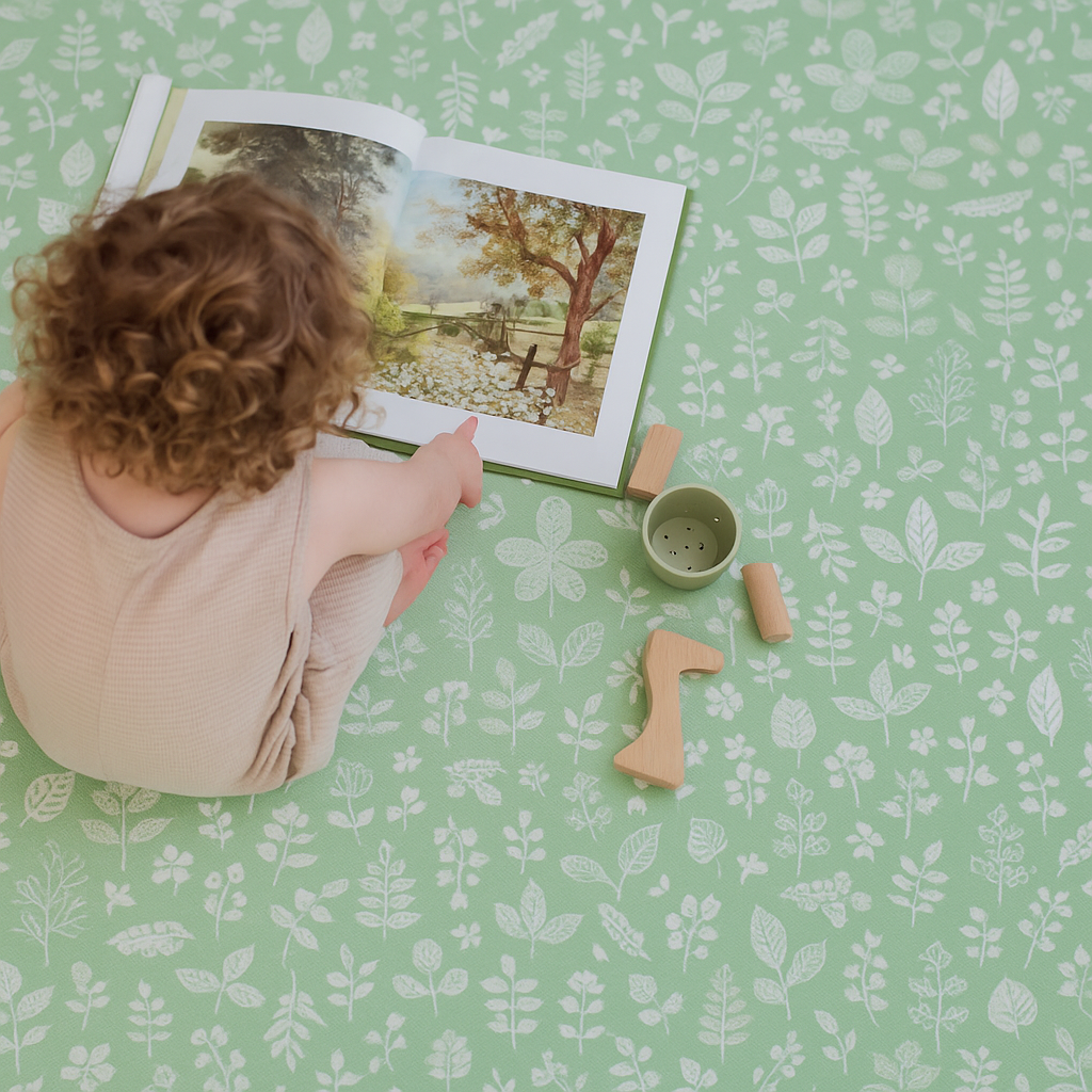 Baby playing on PopsyKosy Tranquil Flower Olive Green EVA foam mat in modern living room