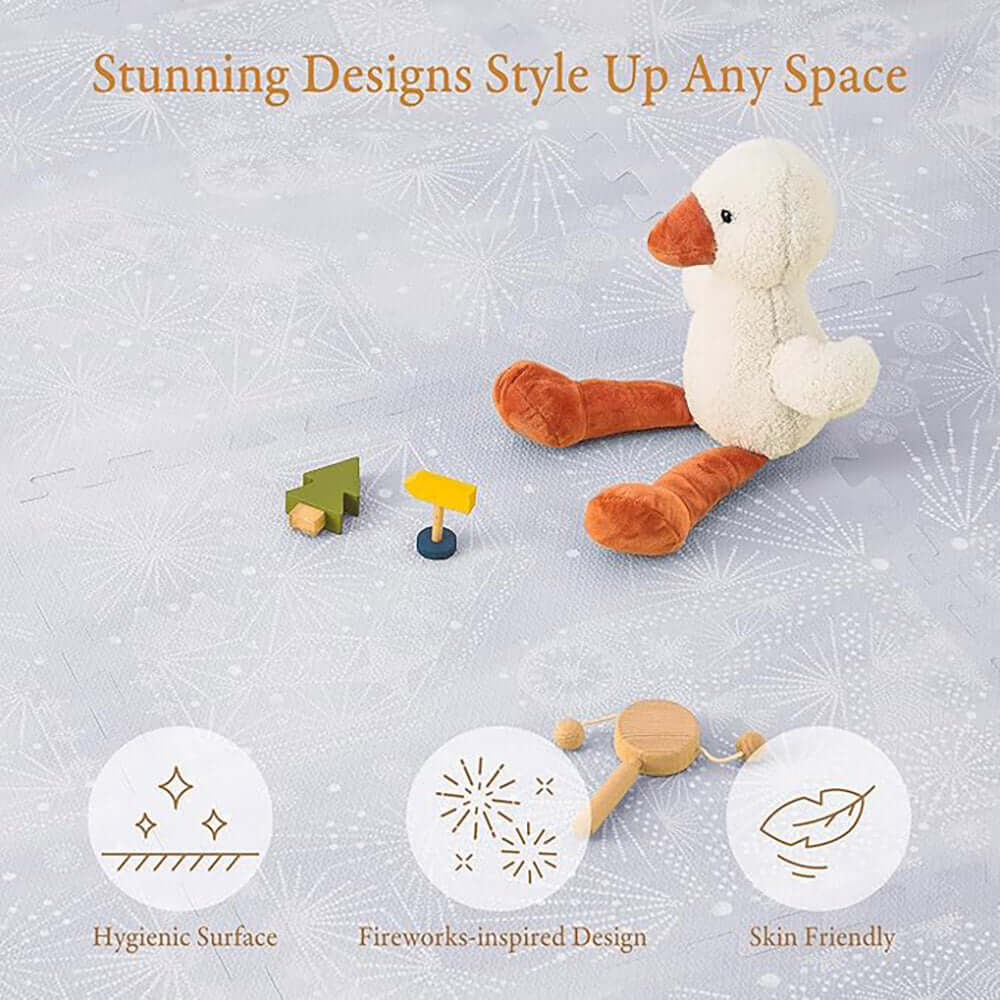 Toddler crawling on PopsyKosy Firework Lavender Grey anti-viral anti-slip foam play mat