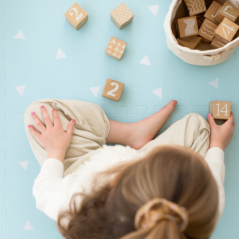 Baby playing on PopsyKosy Totem Triangles Blue EVA foam mat in modern living room