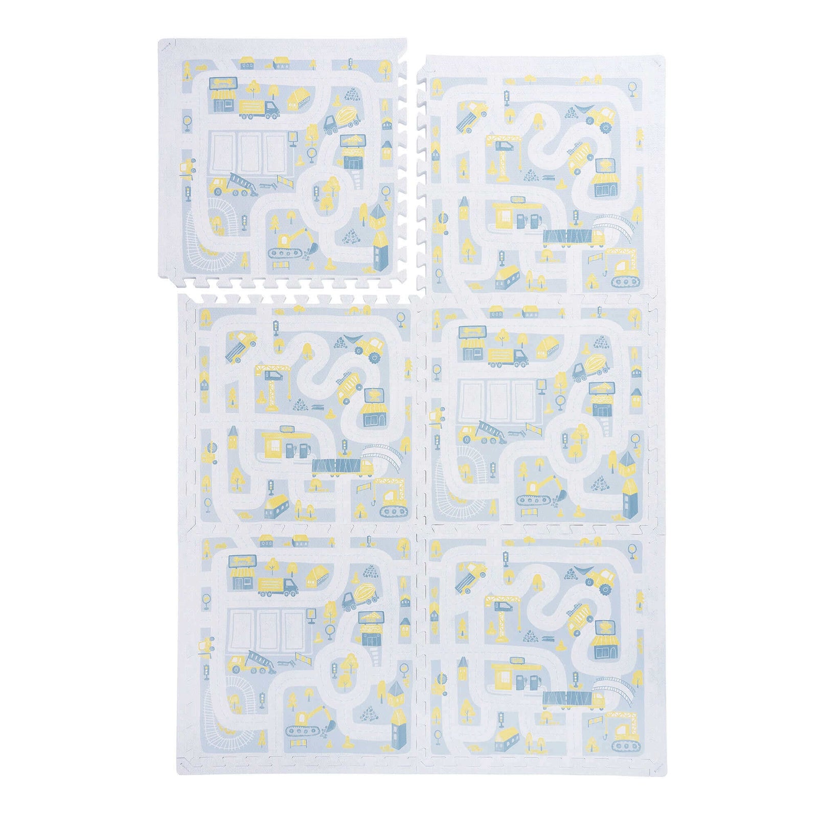 PopsyKosy Little Builders Pastel Blue Gray EVA foam play mat alternate angle showing town design detail