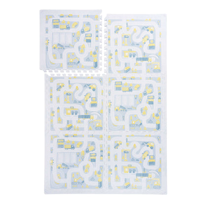 PopsyKosy Little Builders Pastel Blue Gray EVA foam play mat alternate angle showing town design detail