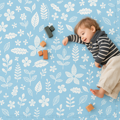 Baby playing on PopsyKosy Tranquil Flower Ocean Blue EVA foam mat in modern living room