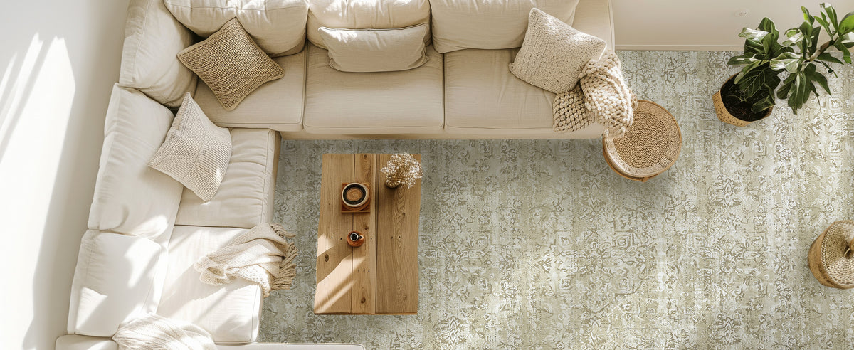 Olive Branch Vintage Floral play mat styled with a cream sectional, natural wood and woven accents.