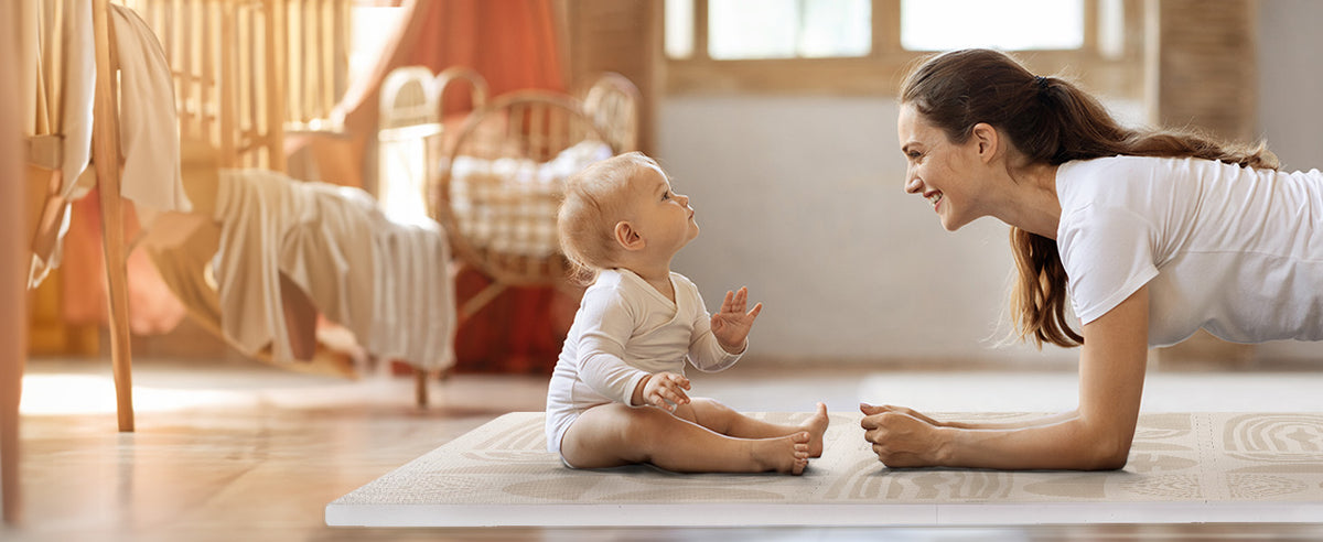Boulder - Desert Sand 1-inch play mat during parent and baby floor time