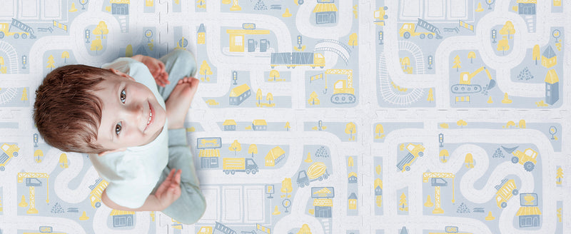 Little Builders - Pastel Blue Gray 1-inch play mat during child floor time