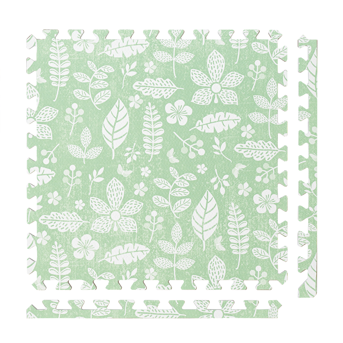 Tranquil Flower - Olive Green play mat tiles and border pieces on white
