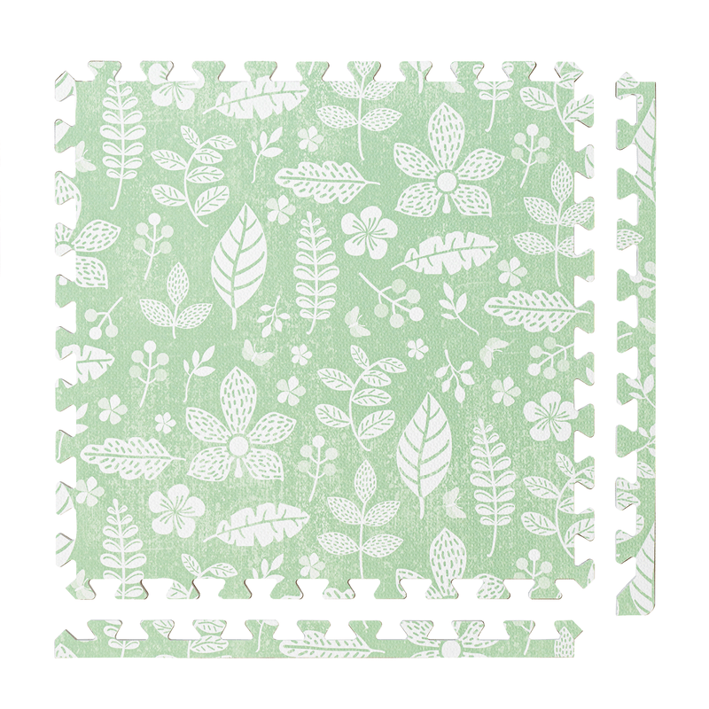 Tranquil Flower - Olive Green play mat tiles and border pieces on white