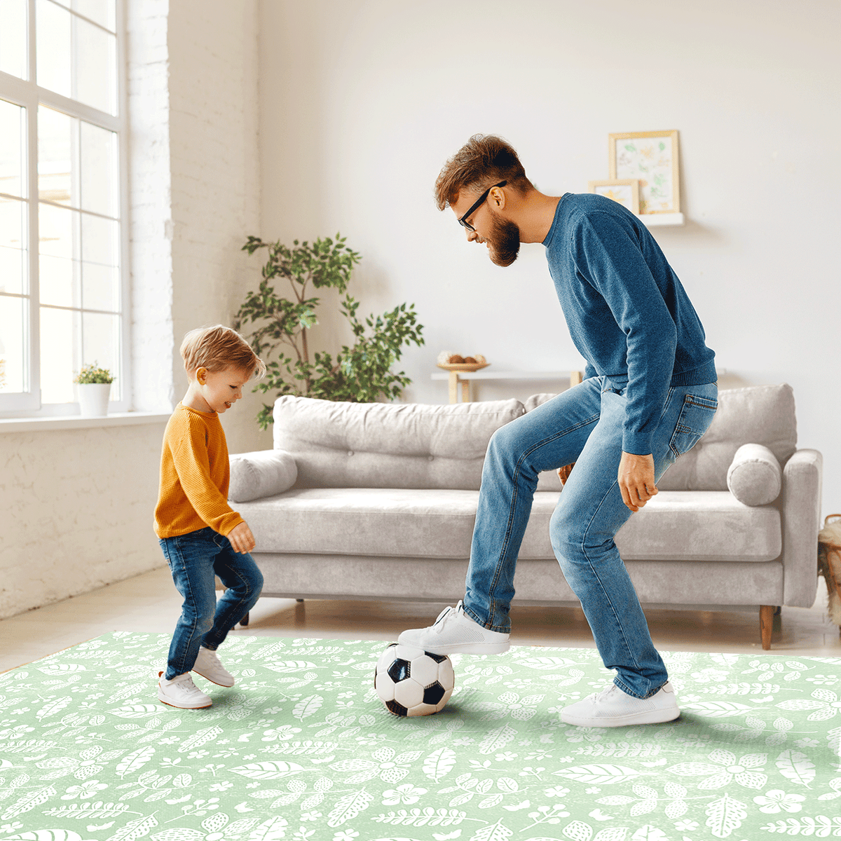 Tranquil Flower - Olive Green play mat in a real room